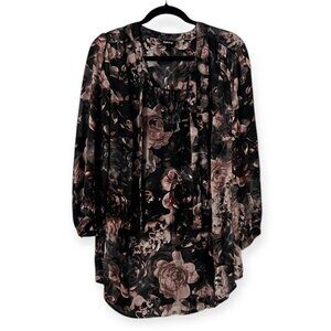 Torrid Women’s Plus 4/2XL Floral Chiffon Blouse Black Pink Rose Print V-Neck